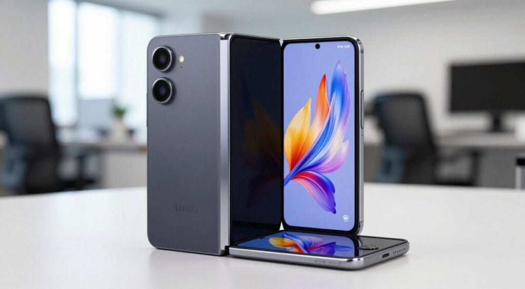 Smartphone Samsung Galaxy Z Fold7 5G aberto em ângulo de 120 graus, exibindo multitarefa produtiva, acabamento em titânio fosco, tela interna brilhante com cores vivas, ambiente de escritório moderno de fundo. Smartphone Samsung Galaxy Z Fold7 5G aberto em ângulo de 120 graus, exibindo multitarefa produtiva, acabamento em titânio fosco, tela interna brilhante com cores vivas, ambiente de escritório moderno de fundo.