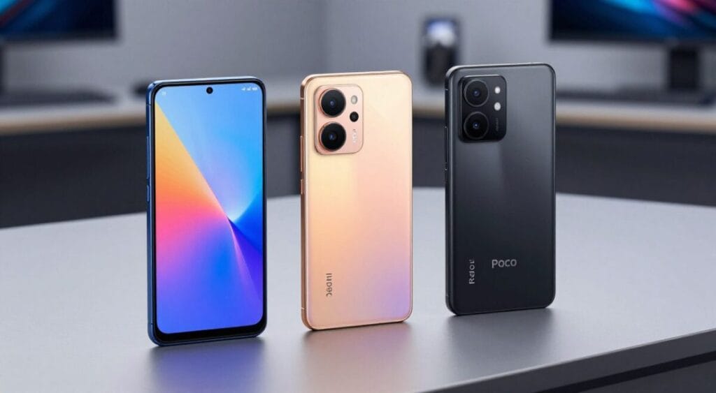 Three smartphones displayed side by side on a sleek, modern surface, each representing a different line: Xiaomi, Redmi, and Poco. The Xiaomi phone features a premium design with a vibrant AMOLED screen, while the Redmi phone showcases a balanced mid-range design with a slightly larger display. The Poco phone stands out with a bold, gamer-focused aesthetic. The scene is lit with soft, diffused lighting to enhance the sleek metallic finishes and vibrant colors of the devices. In the background, a blurred tech workspace hints at innovation. The angle is slightly above eye level, emphasizing the distinct features and branding of each phone. The atmosphere is professional yet inviting, reflecting the real-world differences in usability and design among these popular smartphones.